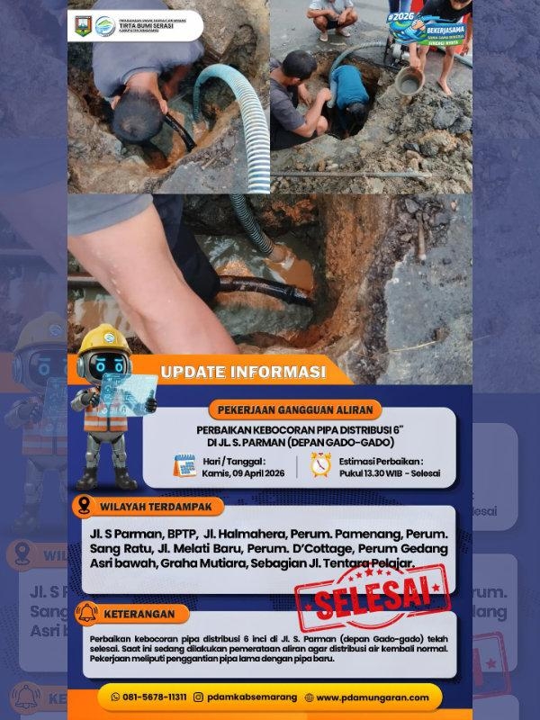 Update Informasi : Perbaikan Kebocoran Pipa Distribusi di Jalan S. Parman Selesai